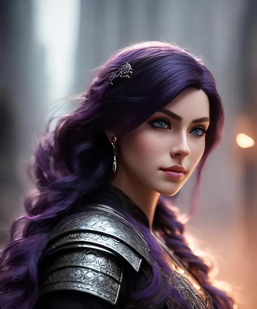 Prompt: she has dark purple hair, create most beautiful fictional female viking princess warrior, dark purple hair, light blue eyes, extremely detailed environment, detailed background, intricate, detailed skin, professionally color graded, photorealism, 8k, moody lighting