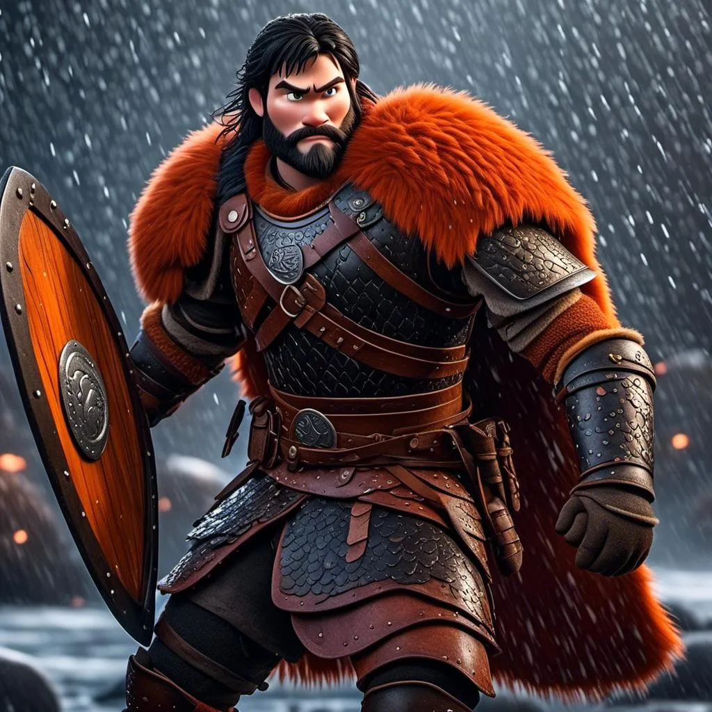 Prompt: <mymodel>Animated CGI style of a fierce Viking male about 25 years old, black hair, detailed facial features, leather armor {{((red))}} and orange armor, battle axe and shield, standing in the rain, intense and determined expression, dynamic and powerful pose, CGI, fierce male, Nordic designs, battle-ready, dynamic pose, professional lighting