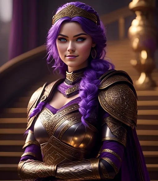 Prompt: <mymodel>CGI Animation, digital art, 20-year-old-old viking woman with light blue eyes, she is overjoyed, purple hair with purple strands, she is standing on a grand stair case, single braid down her shoulder with a tiara, unreal engine 8k octane, 3d lighting, close up camera shot on the face, full armor