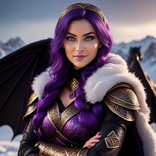 Prompt: Photo of <mymodel> standing next to her ((black)) razorwhip dragon from How to Train Your Dragon in the snow, she has light blue eyes, she is wearing a fur hood over her head, she is wearing a fur cape