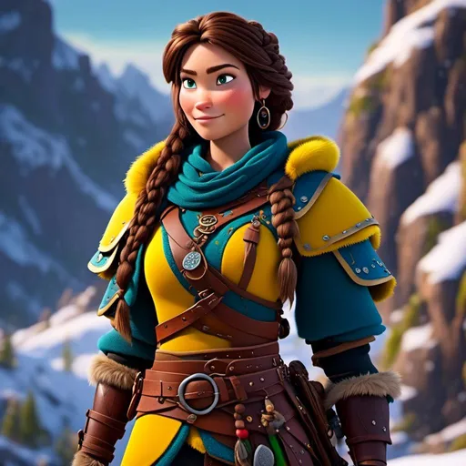 Prompt: <mymodel>CGI Animation, 20-year-old-old pirate woman, a snowy scene, {{yellow gear, blue armor}}, brunette hair, dreadlocks, subtle smile, beads hair, small red earrings, multiple braids, yellow gear, straight hair, green eyes, bracelets, rings on fingers, mercenary gear, unreal engine 8k octane, 3d lighting, full body, full armor