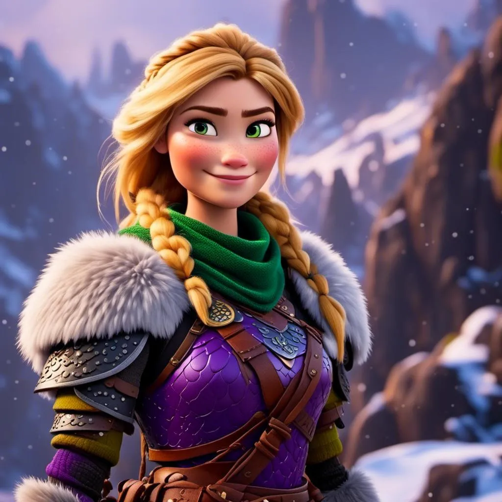 Prompt: <mymodel>CGi Animation, 25-year-old viking woman warrior with yellow eyes, a snowy scene, the viking woman has a subtle smile, hazel color hair, she has green gear, purple armor with bursts of gold textured splotches, black pants, black boots