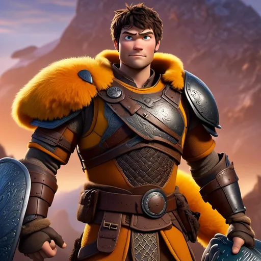 Prompt: <mymodel>Animated CGI style of a fierce 24 year old Caucasian Viking with dark hair, intense gaze, realistic yellow armor with bursts of orange textures, high quality, CGI, realistic, intense gaze, viking, male, Caucasian, detailed facial features, fur textures, highres, professional, intense lighting