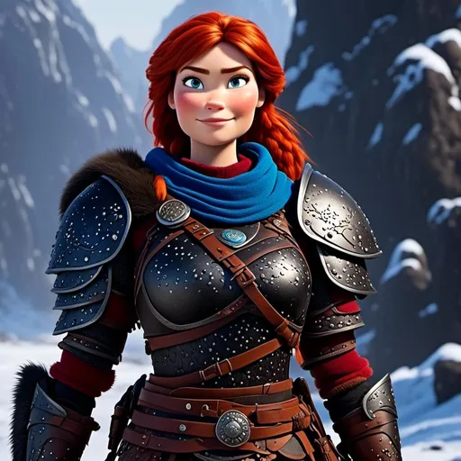 Prompt: <mymodel>CGi Animation, 25-year-old viking woman warrior with blue eyes, a snowy scene, the viking woman has a subtle smile, red hair, she has black gear, black armor, black textures, black pants, black boots