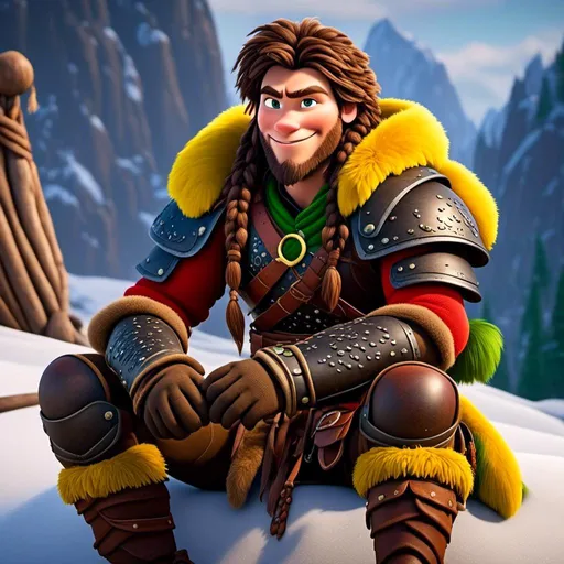 Prompt: <mymodel>CGI Animation, 20-year-old-old pirate man, sitting on a snow bank, a snowy scene, {{yellow gear, blue armor}}, brunette hair, dreadlocks, subtle smile, beads hair, small red earrings, multiple braids, yellow gear, straight hair, green eyes, bracelets, rings on fingers, mercenary gear, unreal engine 8k octane, 3d lighting, close up camera shot on the face, full armor