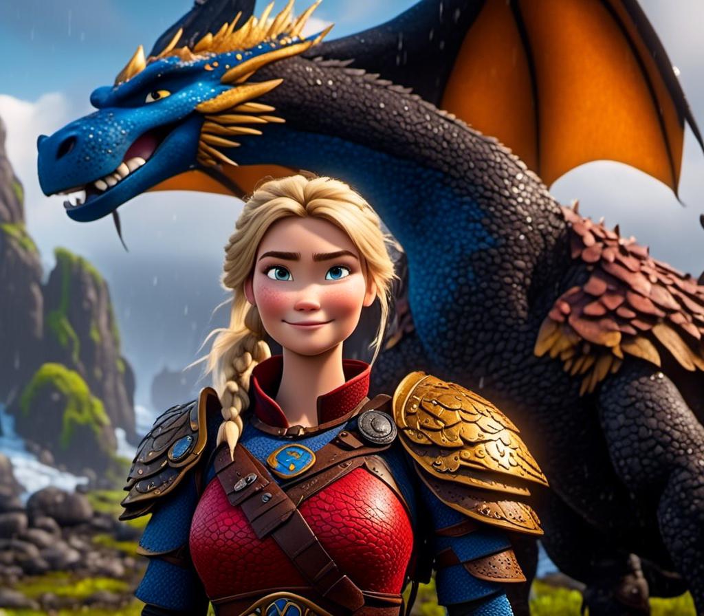 Prompt: <mymodel>CGi Animation, 20-year-old viking woman with blue eyes, a rainy scene, she is standing next to a bright blue dragon with gold highlights, they are both in the rain, the viking woman has a subtle smile, blonde hair in a ponytail style, she has blue gear, gold armor, black pants, black boots, unreal engine 8k octane, 3d lighting, full body, full armor