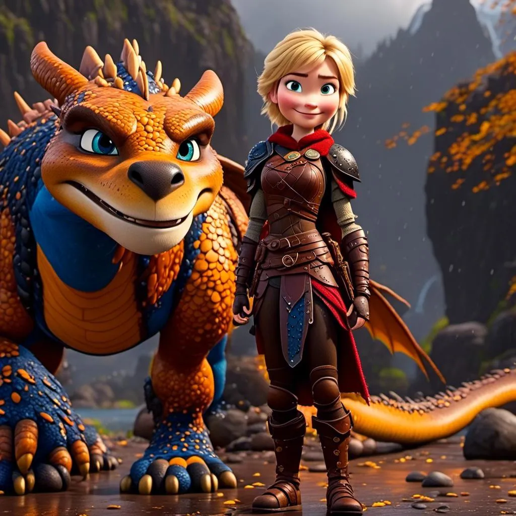 Prompt: <mymodel>CGi Animation, 20-year-old viking woman with blue eyes, a rainy scene, she is standing next to a bright blue dragon with gold highlights, they are both in the rain, the viking woman has a subtle smile, blonde hair in a pony tail style, she has blue gear, gold armor, black pants, black boots, unreal engine 8k octane, 3d lighting, full body, full armor