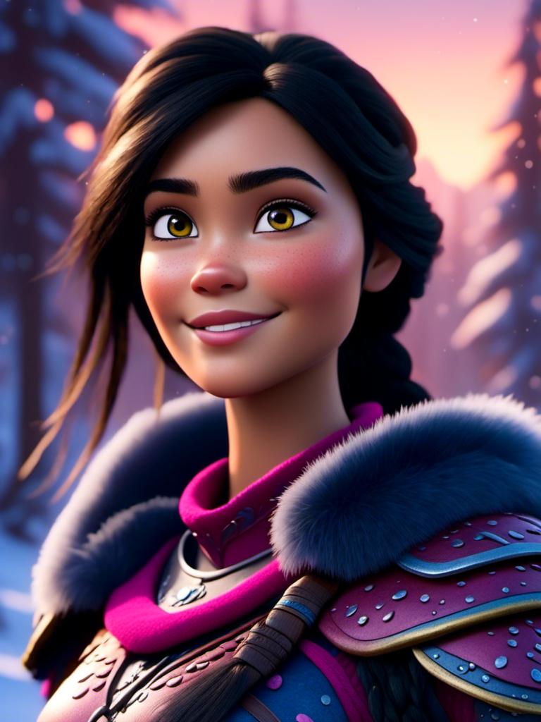 Prompt: <mymodel>CGI Animation, close-up portrait of the face, 20-year-old-old viking woman of royalty standing in the forest, a snowy scene, {{pink gear, blue armor}}, black hair, straight hair with a tiara, subtle smile, unreal engine 8k octane, 3d lighting, close up camera shot on the face, full armor