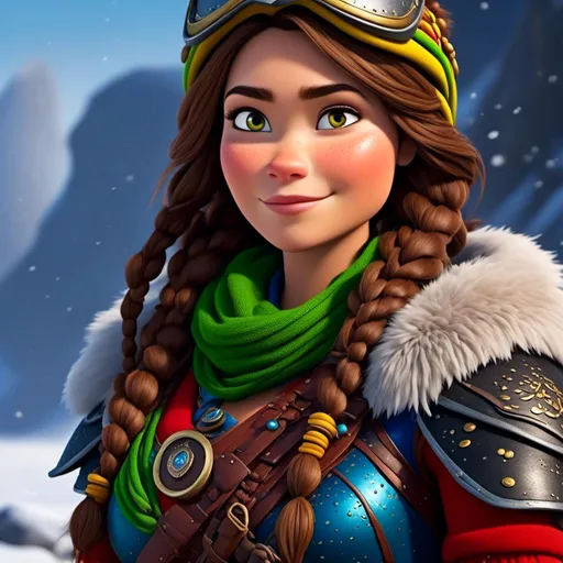 Prompt: <mymodel>CGI Animation, close-up portrait of the face, 20-year-old-old pirate woman sitting on a snow bank, a snowy scene, {{yellow gear, blue armor}}, brunette hair, dreadlocks, subtle smile, beads hair, small red earrings, multiple braids, yellow gear, straight hair, green eyes, bracelets, rings on fingers, mercenary gear, unreal engine 8k octane, 3d lighting, close up camera shot on the face, full armor