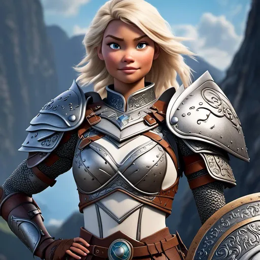 Prompt: <mymodel>Animated CGI style of a fierce Caucasian white Viking female about 25 years old, blond hair, detailed facial features, leather armor with intricate Nordic designs, battle axe and shield, intense and determined expression, dynamic and powerful pose, high definition, CGI, detailed armor, fierce female, Nordic designs, battle-ready, dynamic pose, professional lighting