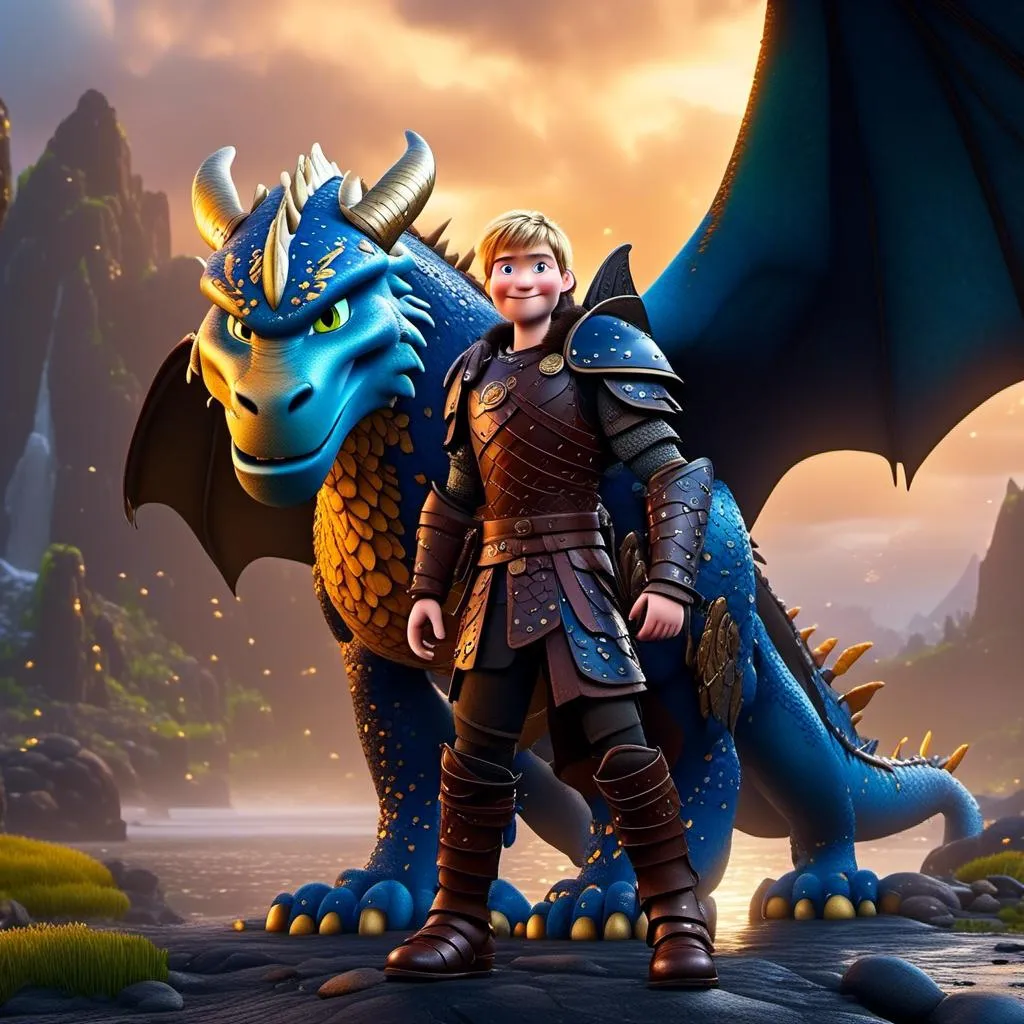 Prompt: <mymodel>CGi Animation, 20-year-old viking man with blue eyes, a rainy scene, he is standing next to a bright blue dragon with gold highlights, they are both in the rain, the viking man has a subtle smile, blonde hair, he has blue gear, gold armor, black pants, black boots