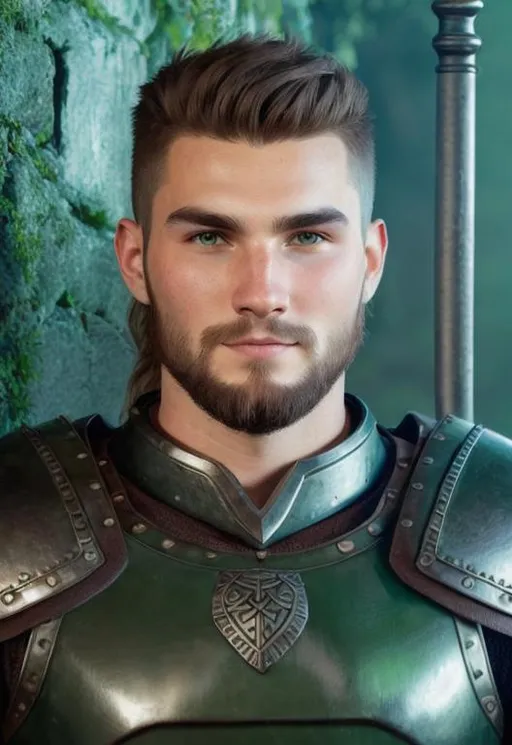 Prompt: Digital art, a 21-year-old viking man, subtle smile, round head, round face, short dark brown hair, brown hair, muscular, viking forest, green gear, silver armor, light green eyes, Tidal Class seal on chest armor, unreal engine 8k octane, 3d lighting.