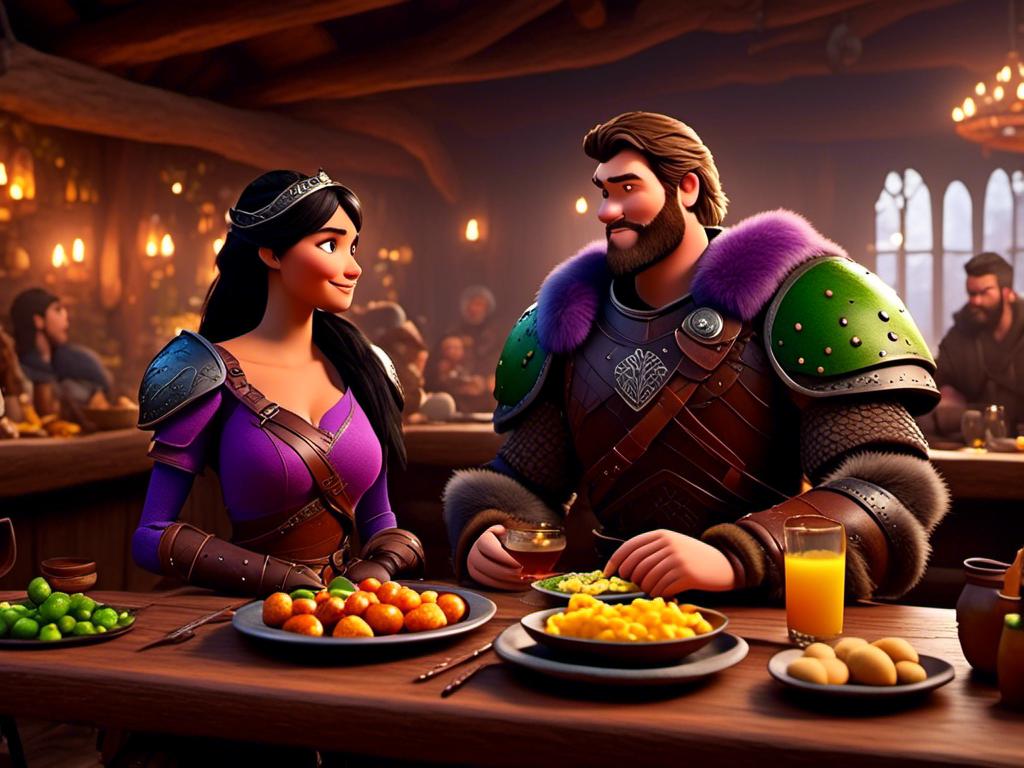 Prompt: <mymodel>CGI Animation, digital art, 20-year-old-old viking woman of royalty standing a busy tavern having a meal with her husband Jarl, Jarl is clean shaven, {{the woman has purple armor}}, black hair, straight hair with a tiara, subtle smile, Jarl has green armor and brown gear, unreal engine 8k octane, 3d lighting, close up camera shot on the face, full armor