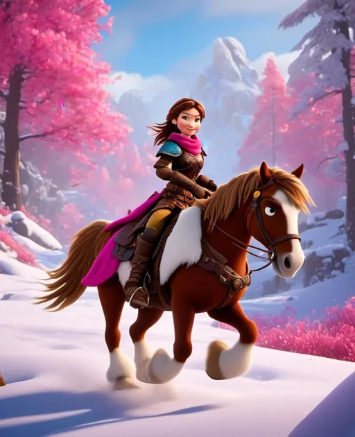 Prompt: <mymodel>CGI Animation, 20-year-old-old pirate woman, riding a brown paint horse through the snow, a snowy scene, {{pink gear, yellow armor}}, brunette hair, dreadlocks, subtle smile, beads hair, small pink earrings, multiple braids, pink gear, straight hair, blue eyes, bracelets, rings on fingers, mercenary gear, unreal engine 8k octane, 3d lighting, full armor