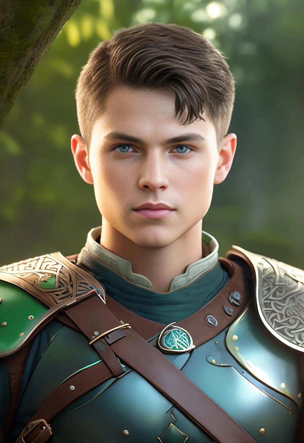 Prompt: he has short brown hair, create most handsome fictional male viking warrior, short brown hair, light green eyes, extremely detailed environment, detailed background, intricate, detailed skin, professionally color graded, photorealism, 16k, moody lighting