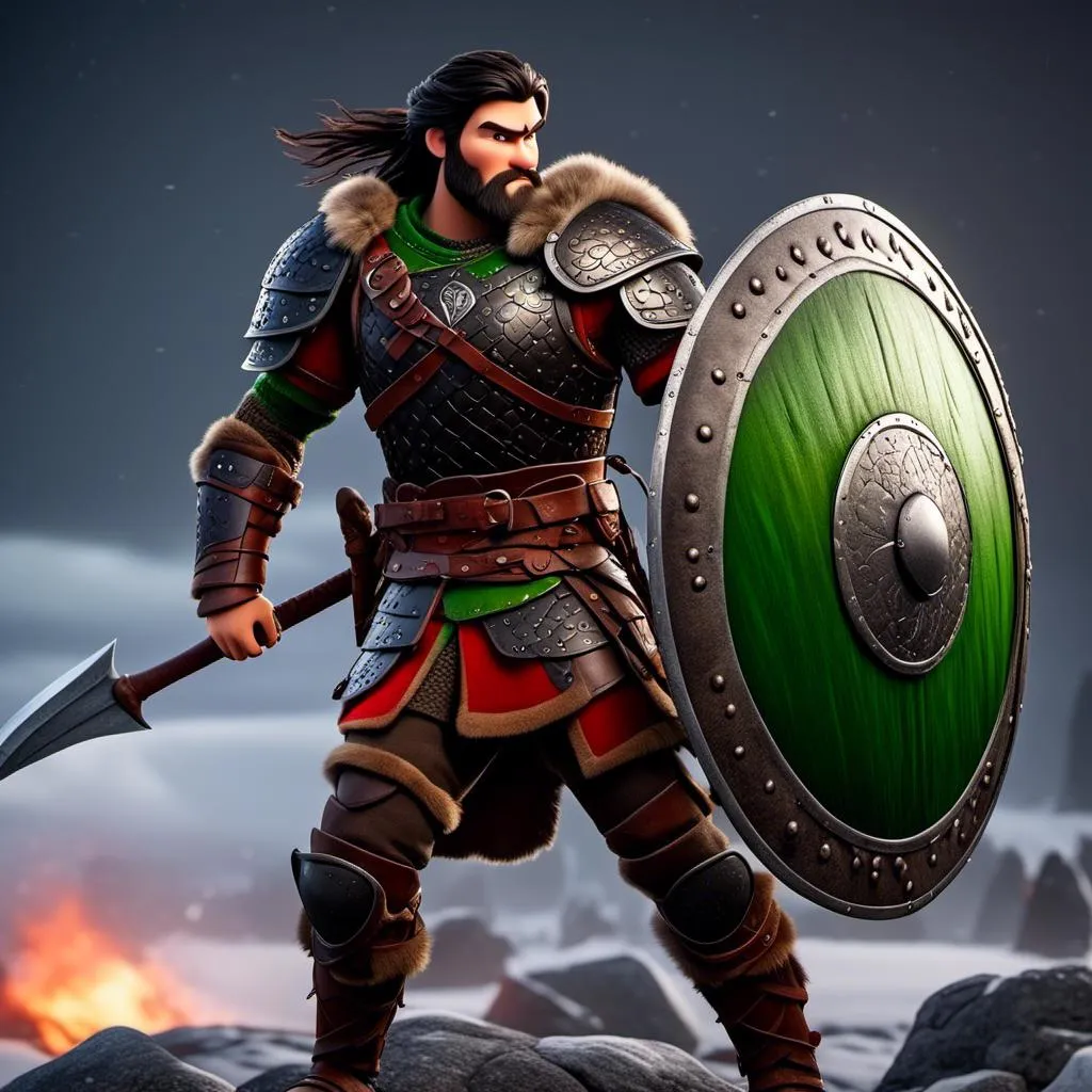 Prompt: <mymodel>Animated CGI style of a fierce Viking male about 25 years old, black hair, detailed facial features, leather armor {{((red))}} and green armor, battle axe and shield, intense and determined expression, dynamic and powerful pose, high definition, CGI, detailed armor, fierce female, Nordic designs, battle-ready, dynamic pose, professional lighting
