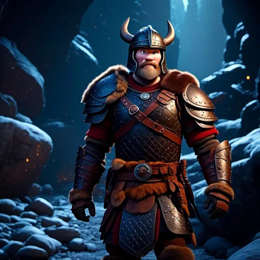 Prompt: <mymodel>Animated CGI style, male viking with a helmet, bright colored armor and gear, standing in a dimly lit cave, realistic textures, high quality, vibrant color palette, atmospheric lighting