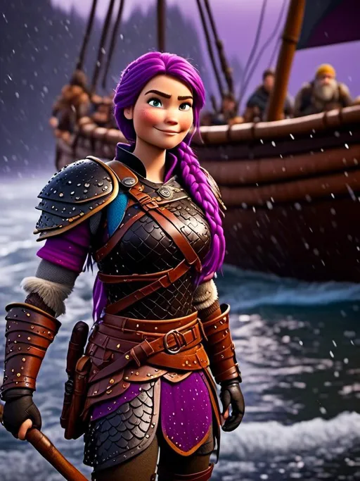 Prompt: Photo of <mymodel> standing in a heavy rain on a viking ship, viking warrior, she has light blue eyes, purple hair, single braid down her shoulder, purple gear, gold armor, purple pants, gold boots, full body shot, 16K unreal engine octane