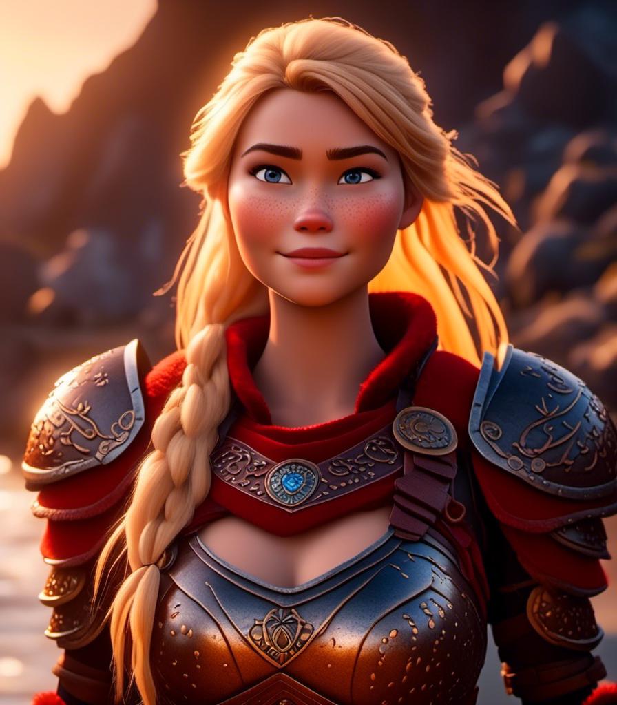 Prompt: <mymodel>CGI Animation, digital art, 20-year-old-old viking woman with light blue eyes standing around several hot springs on a beach, sunset lighting, blue clothes, red colored armor, blonde straight hair, subtle smile, unreal engine 8k octane, 3d lighting, cinematic lighting, camera shot of full armor from head to toe