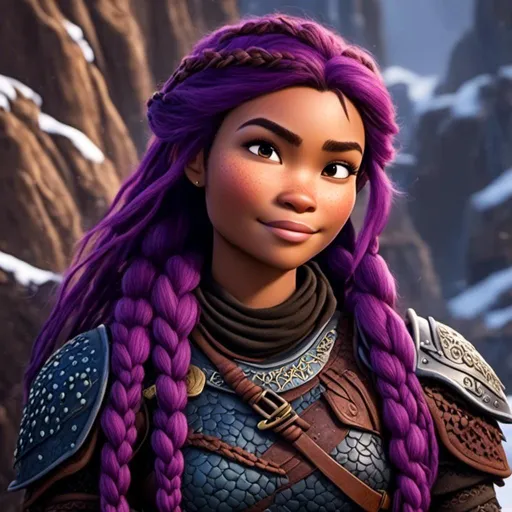 Prompt: a photo of <mymodel>, a viking female, purple hair in a single braid, age of 25-years-old