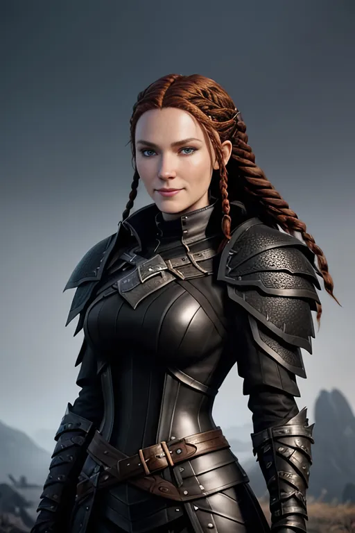 Prompt: Digital art, black rogue gear, black adventurer armor, Medium build, slightly broad-shouldered, (((DreamShaper Version 1))), Berk of How to Train Your Dragon, viking woman, subtle smile, red hair, cornrow braids, blue eyes, ((black gear, black armor,)) unreal engine, 8k octane, 3d lighting, full body, full armor