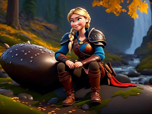 Prompt: <mymodel>CGi Animation, 20-year-old viking woman with blue eyes, ((she is wearing a tiara)), a rainy scene, she is sitting on a boulder in a forest, the viking woman has a subtle smile with it pouring down rain, blonde hair in a ponytail style, she has blue gear, gold armor, black pants, black boots