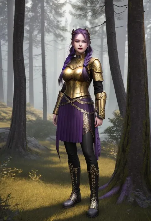 Prompt: Digital art, 20-year-old woman viking, standing in a viking forest, vibrant colors, subtle smile, dark purple hair, one hair braid down her shoulder, light blue eyes, black gear, black pants, gold armor, silver dragon scale plated skirt, purple boots, 3d lighting, full body, full armor