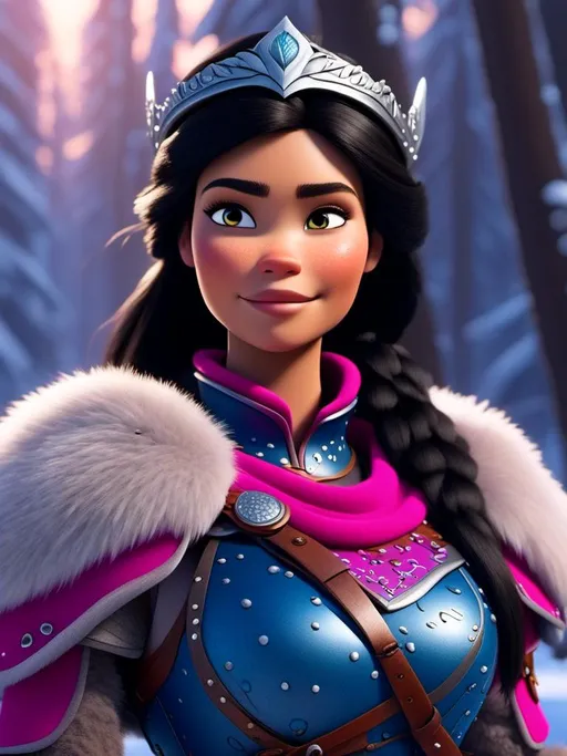 Prompt: <mymodel>CGI Animation, digital art, 20-year-old-old viking woman of royalty standing in the forest, a snowy scene, {{pink gear, blue armor}}, black hair, straight hair with a tiara, subtle smile, unreal engine 8k octane, 3d lighting, close up camera shot on the face, full armor