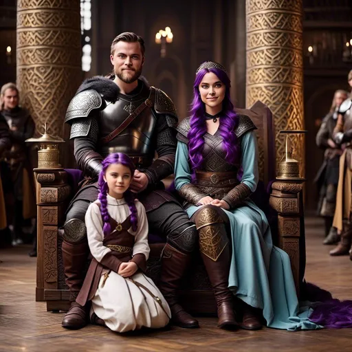 Prompt: Photo of a young <mymodel> sitting at the in the viking Great Hall from How to Train Your Dragon discussing politics with her husband a young Jarl Mollerson, ((he has short brown hair and no beard))