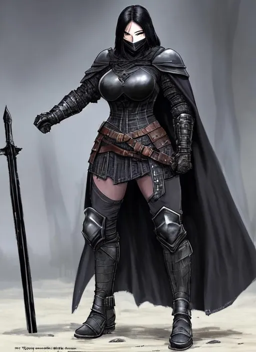 Prompt: Digital art, character of a sinister Viking woman wearing black armor, a long black cloak down to the feet, and an armored mask. The character is stocky and has a muscular build. The character should also be wearing a black helmet that fully encases her head, with no part of her face or eyes visible. The black helmet should have a ponytail holder that supports an artificial ponytail, made of synthetic fibers or any material you choose, coming out from the back.  Unreal Engine 8K Octane.  3d lighting.