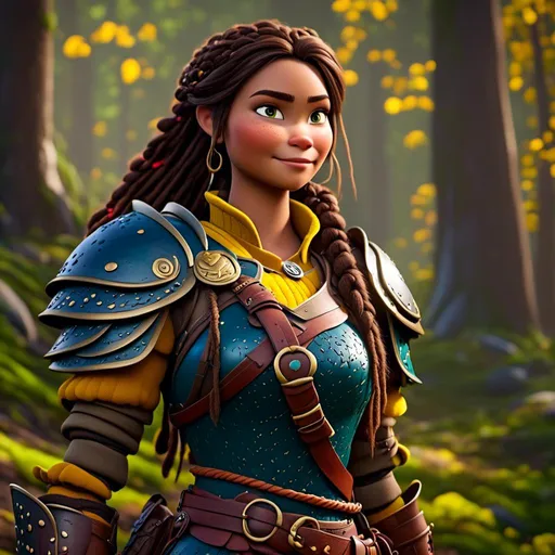 Prompt: <mymodel>CGI Animation, 20-year-old-old pirate woman, thick forest scene, {{yellow gear, blue armor}}, brunette hair, dreadlocks, subtle smile, beads hair, small red earrings, multiple braids, yellow gear, straight hair, green eyes, bracelets, rings on fingers, mercenary gear, unreal engine 8k octane, 3d lighting, full body, full armor