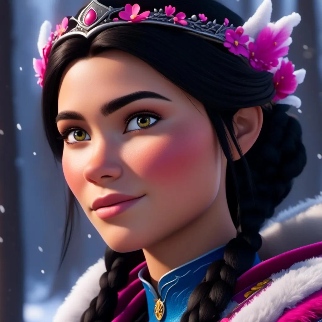 Prompt: <mymodel>CGI Animation, close-up portrait of the face, 20-year-old-old viking woman of royalty standing in the forest, a snowy scene, {{pink gear, blue armor}}, black hair, straight hair with a tiara, subtle smile, unreal engine 8k octane, 3d lighting, close up camera shot on the face, full armor