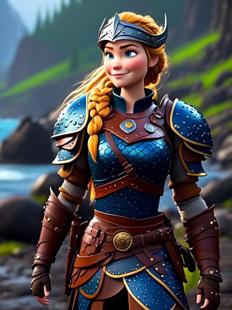 Prompt: <mymodel>CGi Animation, 20-year-old viking woman with blue eyes, ((she is wearing a royal helmet)), a rainy scene, the viking woman has a subtle smile with it pouring down rain, blonde hair in a ponytail style, she has blue gear, gold armor, black pants, black boots