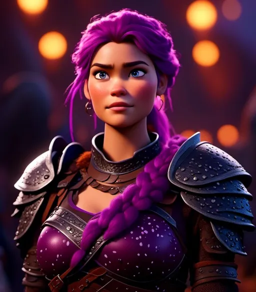 Prompt: <mymodel>CGI Animation, digital art, 20-year-old-old viking woman with light blue eyes, she looks very angry, standing in a battle arena at night, purple hair with purple strands, single braid down her shoulder with a tiara, unreal engine 8k octane, 3d lighting, close up camera shot on the face, full armor