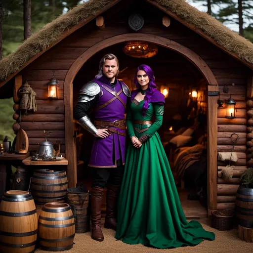 Prompt: Photo of <mymodel> standing in her hut with her husband Jarl Everson who is 24-years old who has brown (((short)) wavy hair and green gear