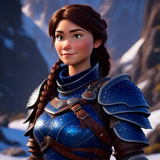 Prompt: <mymodel>Digital art, 18-year-old viking woman, subtle smile, cobalt blue gear, cobalt blue armor, brunette hair, two braids, dark brown eyes, unreal engine 8k octane, 3d lighting, full body, full armor