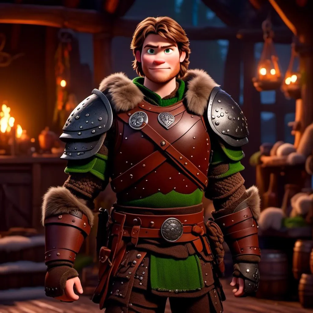 Prompt: <mymodel>Male viking warrior, standing in viking house, brown semi-wavy hair, green eyes, green armor, brown gear, brown pants, brown boots, historical, strong and natural lighting