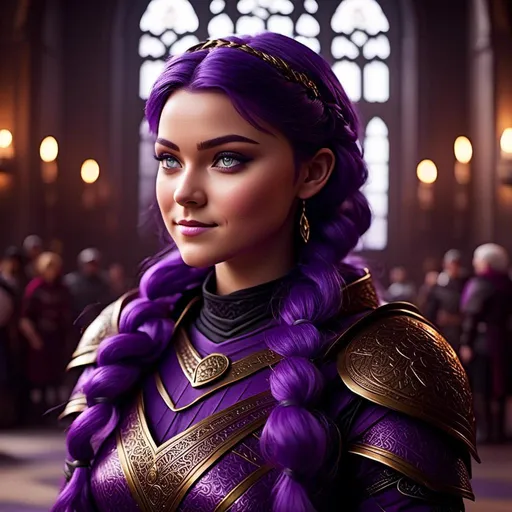 Prompt: A photo of <mymodel> with a heavy purple fur tunic in The Great Hall from How to Train Your Dragon, ((she has a single hair braid down her shoulder))