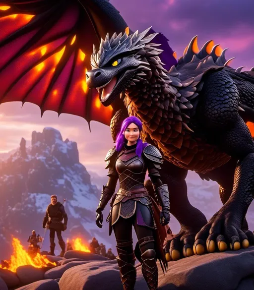 Prompt: <mymodel>CGI Animation, digital art, 20-year-old-old viking woman with light blue eyes and purple hair, intensely looking over battle orders with her troops, black dragon scale helmet covering face, armory lit with torches, black clothes, black dragon scaled colored armor, purple hair, single braid down her shoulder with a gold tiara, subtle smile, unreal engine 8k octane, 3d lighting, close up camera shot on the face, full armor