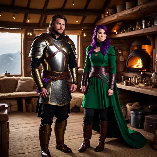 Prompt: Photo of <mymodel> standing in his hut with her husband Jarl Everson who has brown short wavy hair and green gear