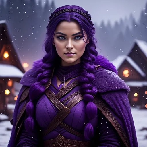 Prompt: Photo of <mymodel> with a heavy purple fur coat wearing a hood with a purple fur edge, she is in a viking village standing as snow falls,  she has a single braid down her shoulder