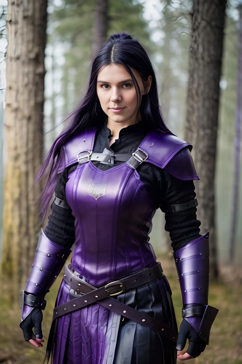 Prompt: Digital Art, 25-year-old viking woman, purple gear, purple clothes, subtle smile, black straight hair, dark purple eyes, a dark purple long-sleeve shirt, textured skirt down to knees, dark purple pants, dark purple armor, long black hair with volume, middle part in hair, leather boots, dark purple gear, unreal engine 64k octane, hdr, 3d lighting, full body, full armor