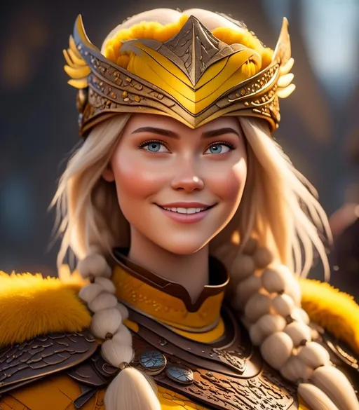 Prompt: <mymodel>CGI Animation, digital art, 20-year-old-old viking woman with light blue eyes, yellow mask over her eyes, yellow clothes, gold colored armor, blonde straight hair, subtle smile, unreal engine 8k octane, 3d lighting, full armor