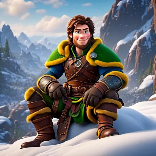 Prompt: <mymodel>CGI Animation, 20-year-old-old pirate man, sitting on a snow bank, a snowy scene, {{yellow gear, blue armor}}, brunette hair, dreadlocks, subtle smile, beads hair, small red earrings, multiple braids, yellow gear, straight hair, green eyes, bracelets, rings on fingers, mercenary gear, unreal engine 8k octane, 3d lighting, close up camera shot on the face, full armor