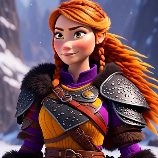 Prompt: <mymodel>CGi Animation, 25-year-old viking woman warrior with yellow eyes, a snowy scene, the viking woman has a subtle smile, hazel color hair, she has red gear, orange armor with bursts of purple textured splotches, black pants, black boots
