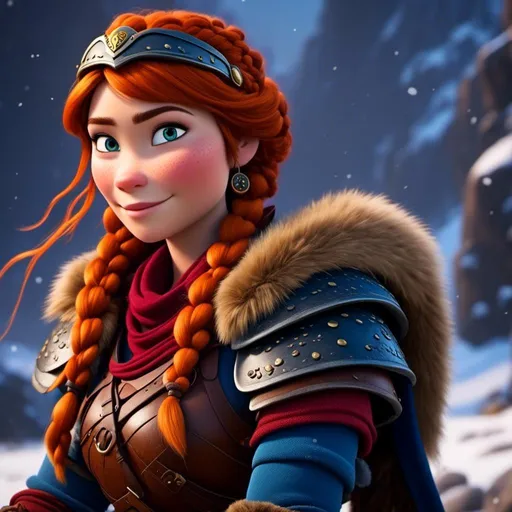 Prompt: <mymodel>CGI Animation, close-up portrait of the face, 20-year-old-old pirate viking woman sitting on a snow bank, a snowy scene, {{yellow gear, blue armor}}, hazel red hair, an updo style of hair with a faded buzz cut on the side of the head, subtle smile, beads hair, small red earrings, multiple braids, yellow gear, straight hair, green eyes, bracelets, rings on fingers, mercenary gear, unreal engine 8k octane, 3d lighting, close up camera shot on the face, full armor