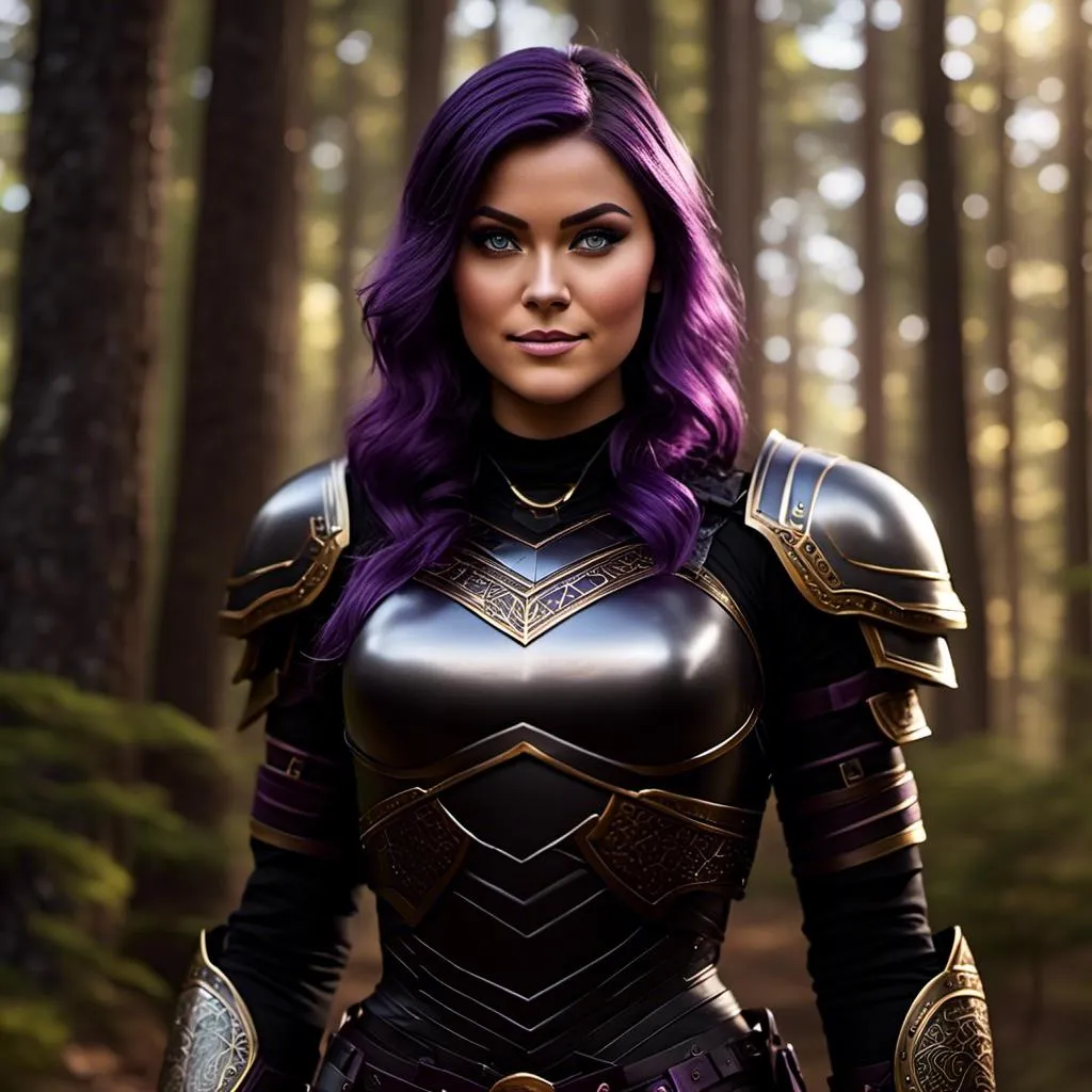 Prompt: <mymodel>25-year-old viking woman, subtle smile, light blue eyes, black gear, bright black armor, wearing an iron-man like suit of armor, black textures and highlights, standing in the forest, short focus, blurry background, unreal engine 8k octane, 3d lighting, full body, full armor