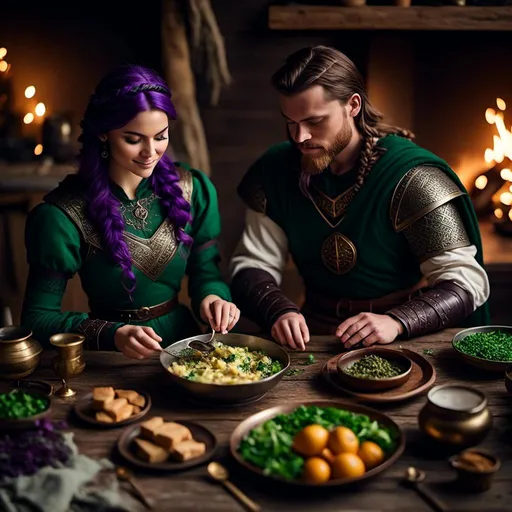 Prompt: Photo of a young <mymodel> setting the supper table with her husband a young Jarl Mollerson with green clothes short brown hair and no beard in their viking house