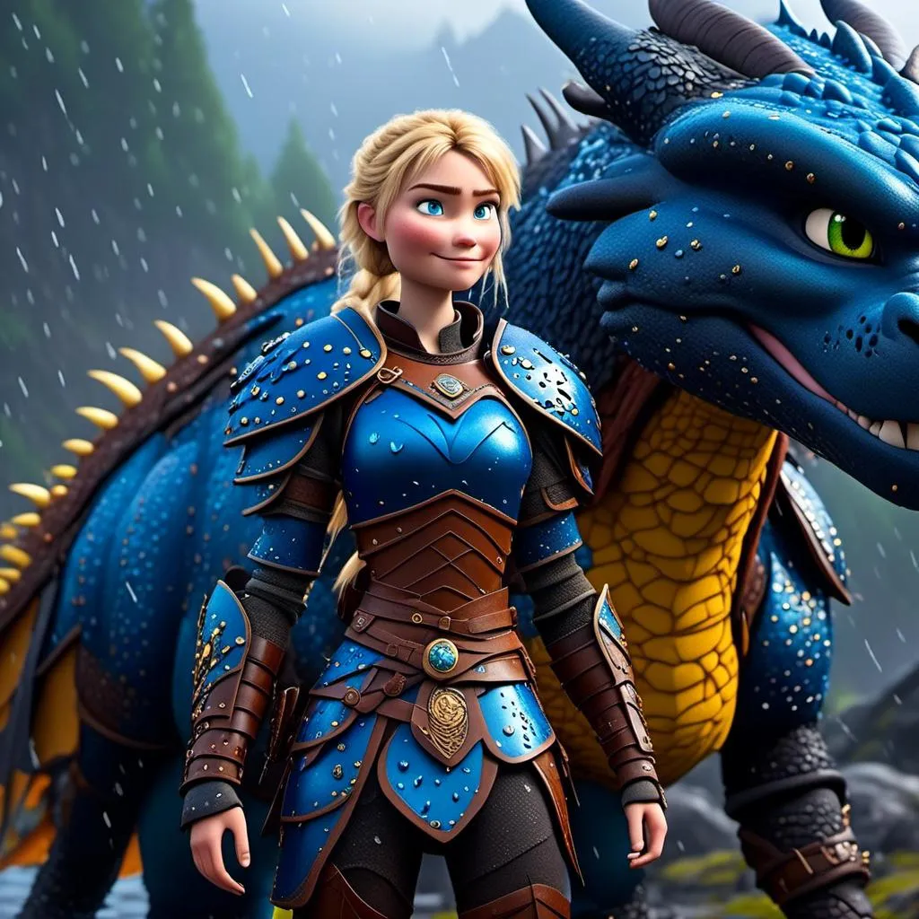 Prompt: <mymodel>CGi Animation, 20-year-old viking woman with blue eyes, a rainy scene, she is standing next to a bright blue dragon with gold highlights, they are both in the rain, the viking woman has a subtle smile, blonde hair in a ponytail style, she has blue gear, gold armor, black pants, black boots