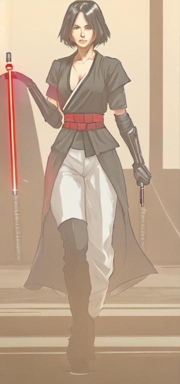 Prompt: A woman sith lord, black short-length hair, black short sleeve shirt, black vest past the waist, black belt, black pants, black boots, two lightsabers one red one light pink